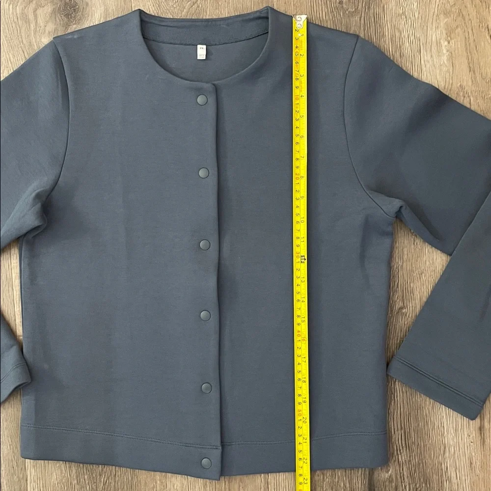 Muji Blue Snap Cardigan Sweatshirt Womens Size Medium M Scuba Cotton Fleece - Picture 8 of 11